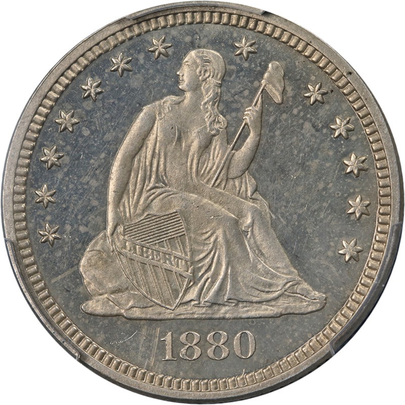 1880 Seated Liberty Quarter Proof PCGS PR64 CAM Uncirculated Silver Coin: 1880 Seated Liberty Quarter Proof PCGS PR64 CAM Uncirculated Silver Coin This 1880 Seated Liberty Quarter is a stunning example of numismatic artistry, graded PR64 CAM by PCGS. It features nice eye ap
