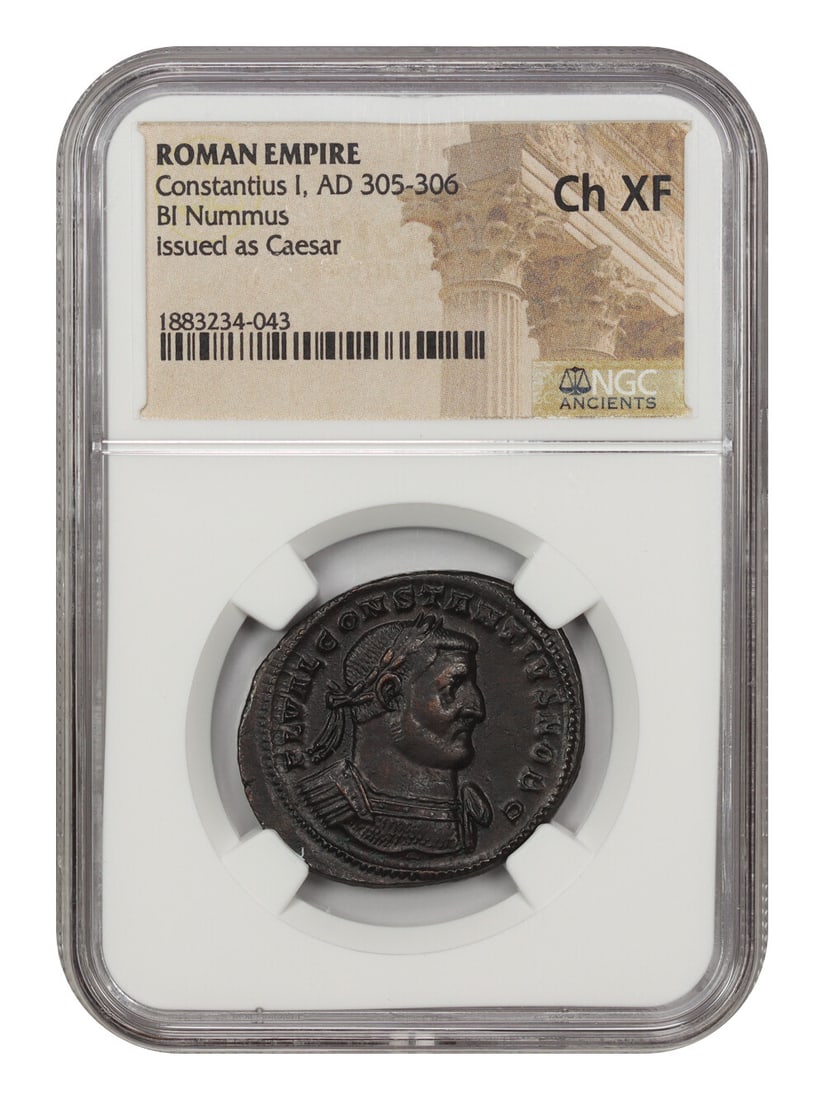 Ancient Roman Constantius I BI Nummus NGC Certified XF Coin: Ancient Roman Constantius I BI Nummus NGC Certified XF Coin This Ancient Roman coin features Constantius I, minted in AD 305-306. The BI Nummus is certified by NGC with a certification number of 18832