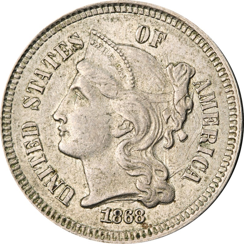 1868 Three Cent Nickel Circulated Uncertified Choice+: 1868 Three Cent Nickel Circulated Uncertified Choice+ This 1868 Three (3) Cent Nickel is a noteworthy addition for collectors. Made of nickel, this coin has been circulated and is classified as Choice