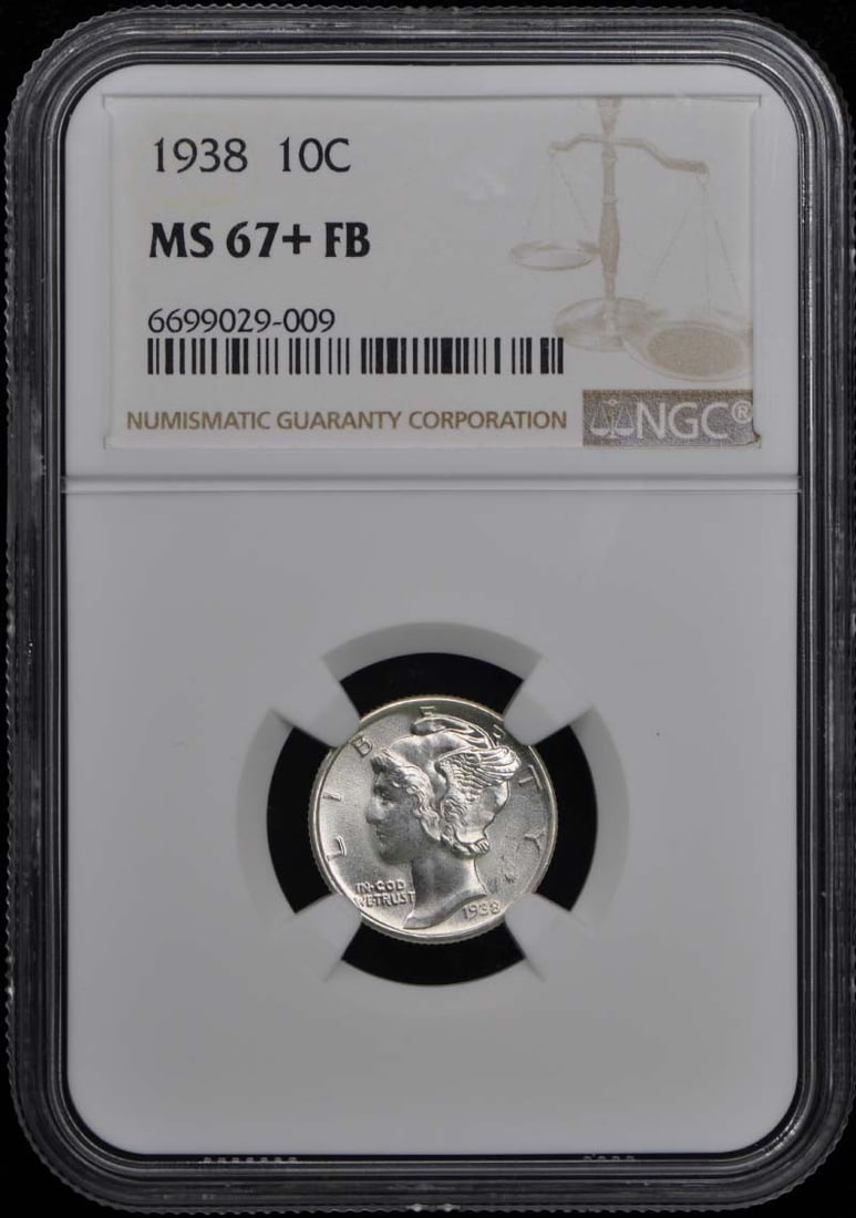 1938 Mercury Dime NGC MS67+FB Uncirculated Philadelphia Coin: 1938 Mercury Dime NGC MS67+FB Uncirculated Philadelphia Coin This 1938 Mercury Dime, graded MS67+FB by NGC, represents an exceptional example of this classic coin. With its uncirculated condition and