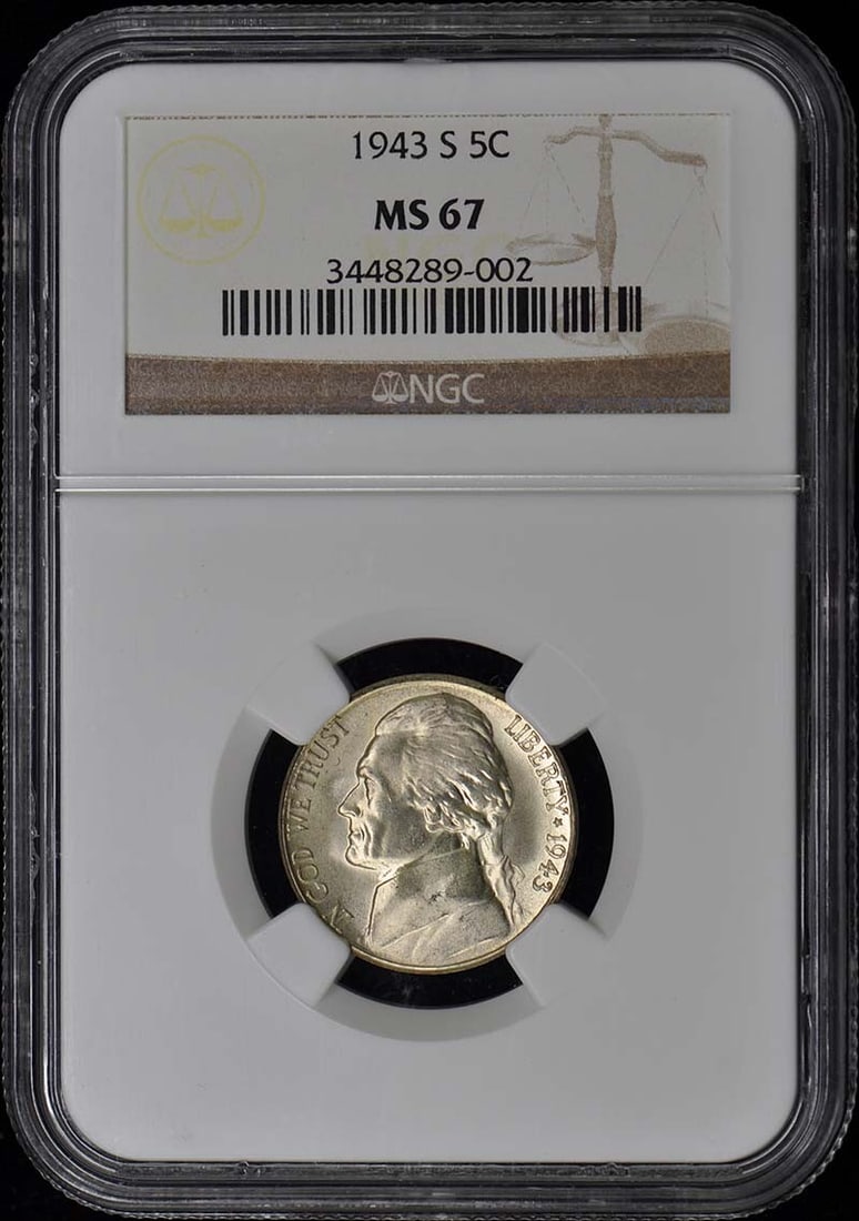 1943-S Jefferson Nickel NGC MS67 Uncirculated San Francisco: 1943-S Jefferson Nickel NGC MS67 Uncirculated San Francisco This 1943-S Jefferson Nickel is certified by NGC and boasts an impressive grade of MS67, indicating it is uncirculated and in exceptional co