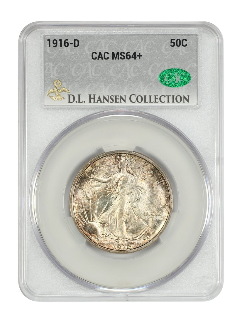1916 Denver Walking Liberty Half Dollar CACG MS64 Plus from D L Hansen: 1916 Denver Walking Liberty Half Dollar CACG MS64 Plus from D L Hansen This 1916-D Walking Liberty Half Dollar is a first-year Denver mint issue, graded MS64+ by CACG. The coin displays natural tan, s