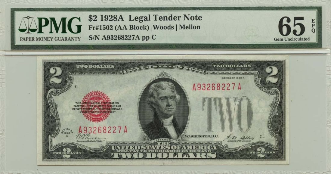 1928A $2 Legal Tender Note Fr# 1502 PMG MS65 Uncirculated: 1928A $2 Legal Tender Note Fr# 1502 PMG MS65 Uncirculated This is a 1928A $2 Legal Tender Note, designated as Fr# 1502. It is certified by PMG with a grade of Gem 65 EPQ, indicating its exceptional qu