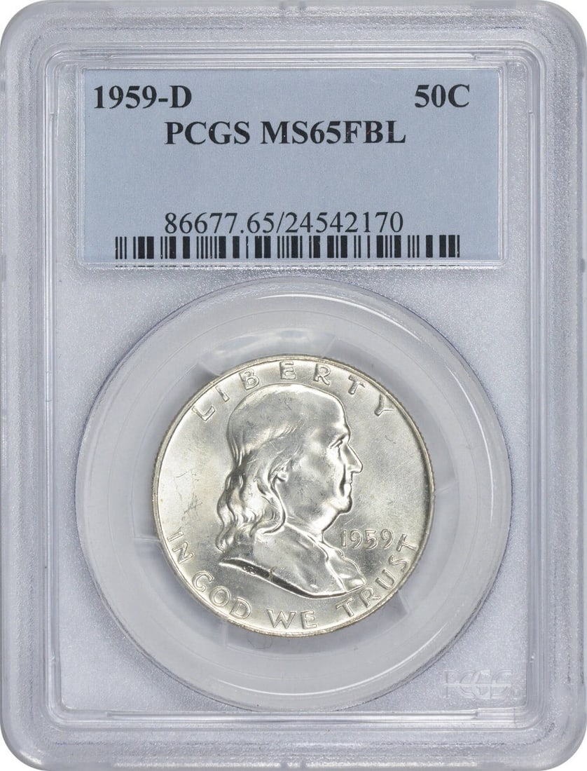 1959-D Franklin Half Dollar MS65FBL PCGS Uncirculated 90% Silver: 1959-D Franklin Half Dollar MS65FBL PCGS Uncirculated 90% Silver This 1959-D Franklin Silver Half Dollar is a remarkable collectible coin, graded MS65FBL by PCGS, ensuring its high quality and excelle