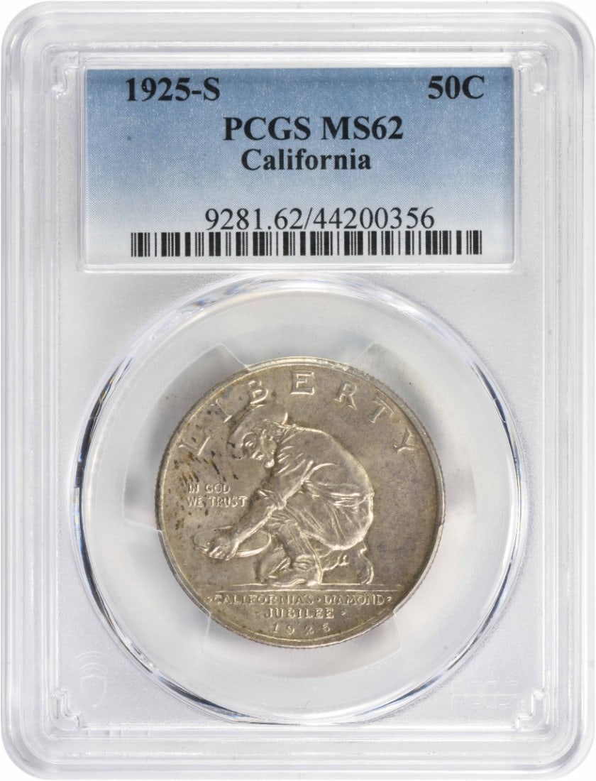 1925-S California Commemorative Half Dollar MS62 PCGS Certified Silver: 1925-S California Commemorative Half Dollar MS62 PCGS Certified Silver This 1925-S California Commemorative Half Dollar is a remarkable piece of numismatic history. Certified by PCGS with a grade of M