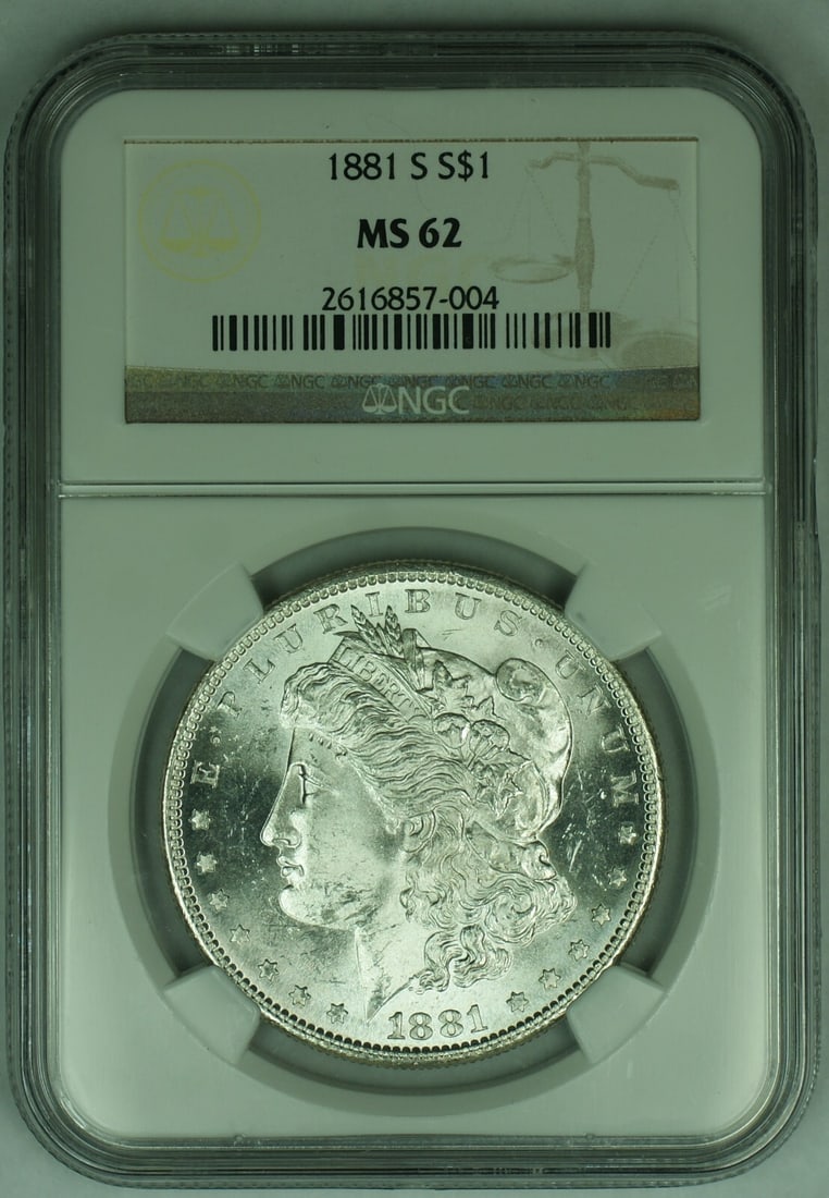 1881-S Morgan Silver Dollar Coin NGC MS 62 Certified: 1881-S Morgan Silver Dollar Coin NGC MS 62 Certified This 1881-S Morgan Silver $1 Dollar Coin is an uncirculated piece graded MS 62 by NGC. Known for its historical significance and beauty, this coin