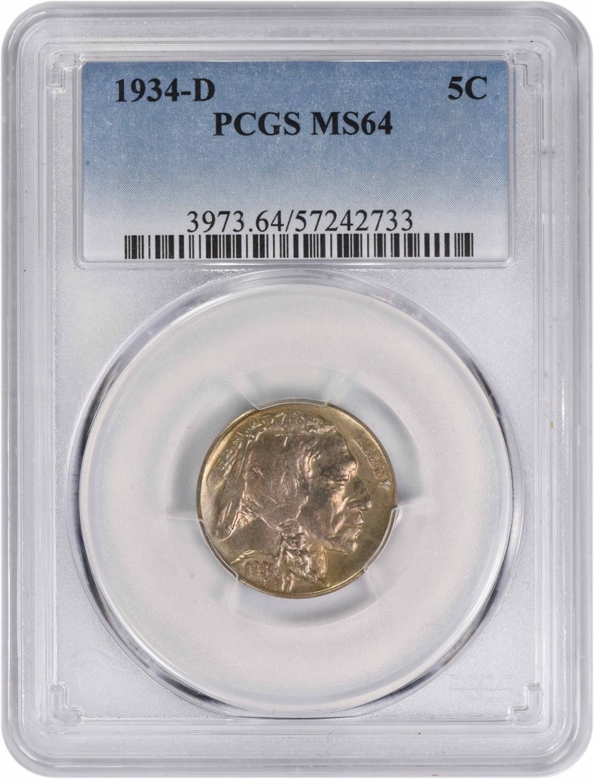 1934-D Buffalo Nickel MS64 Certified by PCGS: 1934-D Buffalo Nickel MS64 Certified by PCGS This 1934-D Buffalo Nickel is a stunning example of American numismatics, certified by PCGS with a grade of MS64. As an uncirculated coin, it showcases the