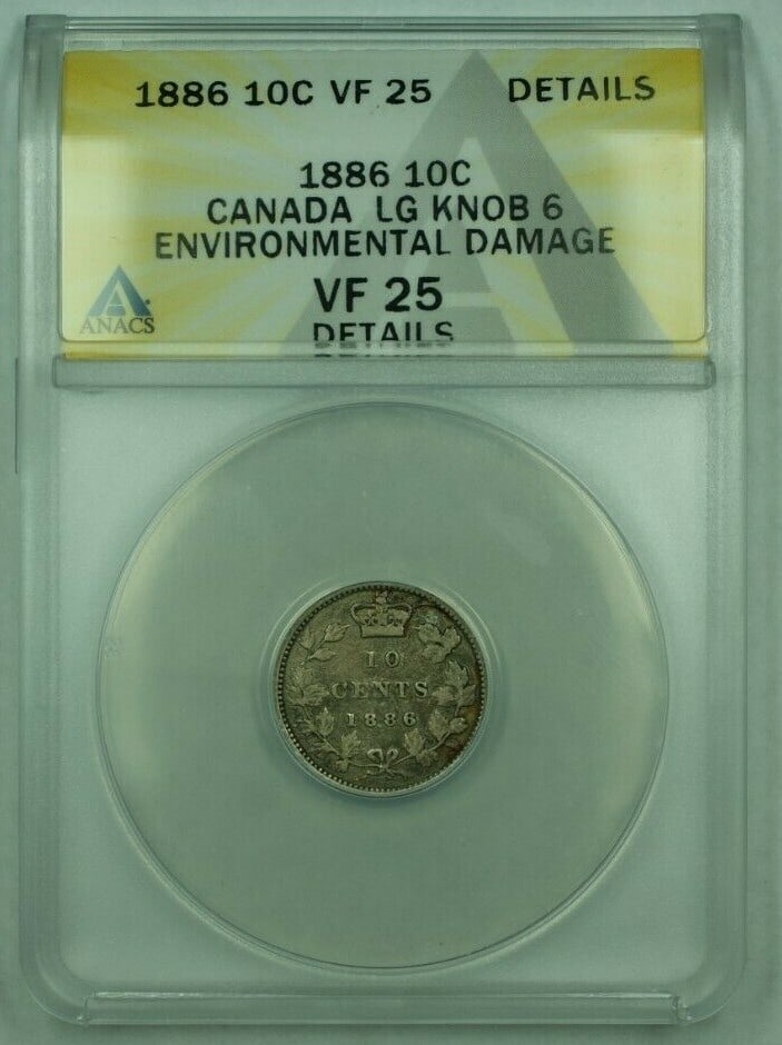 1886 Canada 10c LG Knob 6 Silver Coin ANACS VF 25: 1886 Canada 10c LG Knob 6 Silver Coin ANACS VF 25 This 1886 Canada 10-cent silver coin features a lovely knob design and is graded as VF-25 by ANACS, indicating its overall quality despite having some