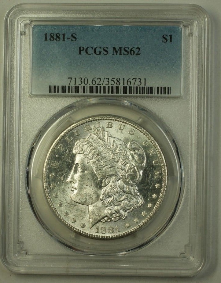 1881-S US Morgan Dollar Coin PCGS MS62 Uncirculated Silver: 1881-S US Morgan Dollar Coin PCGS MS62 Uncirculated Silver This 1881-S Morgan Silver Dollar is a stunning piece with a denomination of $1. Certified by PCGS with a grade of MS-62, this coin is conside