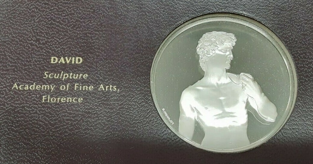 Franklin Mint .925 Silver Medal Genius of Michelangelo David Uncirculated: Franklin Mint .925 Silver Medal Genius of Michelangelo David Uncirculated This exquisite Franklin Mint Genius of Michelangelo PF .925 Silver Medal features the renowned sculpture of David. Crafted fro