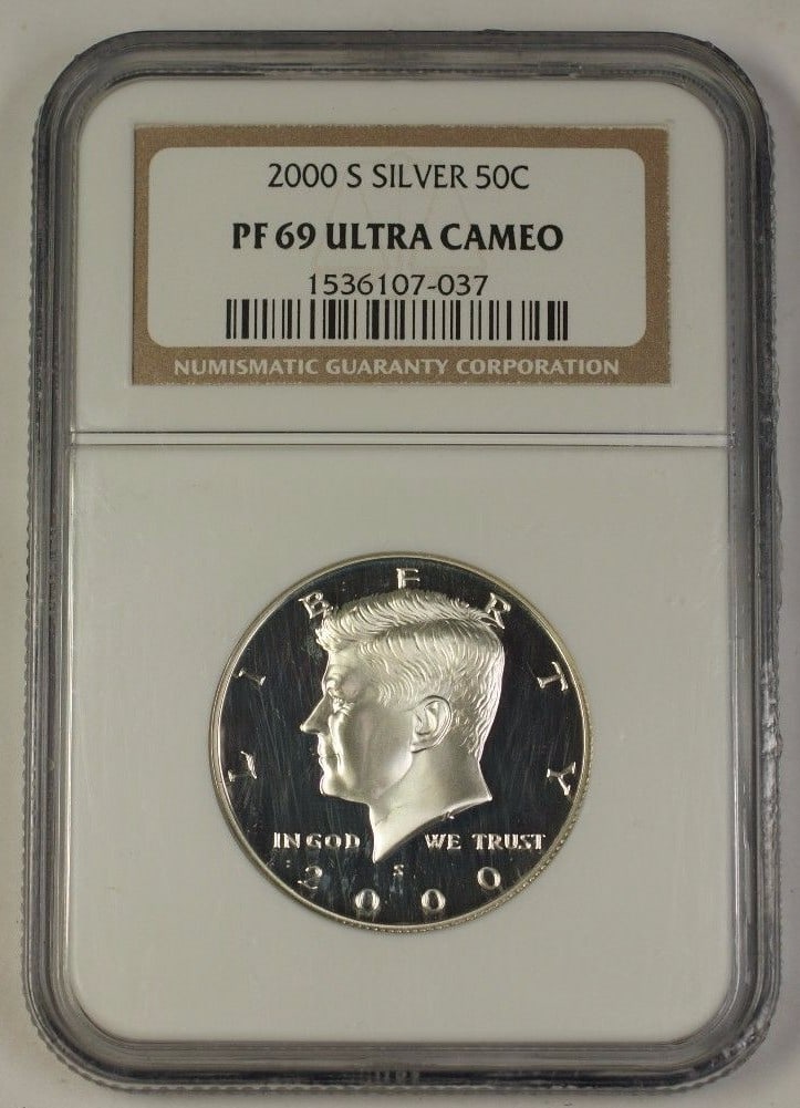 2000-S Kennedy Silver Half Dollar 50c NGC PR-69 UCAM Proof Coin: 2000-S Kennedy Silver Half Dollar 50c NGC PR-69 UCAM Proof Coin This 2000-S US Kennedy Silver Half Dollar coin is a stunning example of numismatic artistry, graded PR 69 UCAM by NGC, indicating its hi