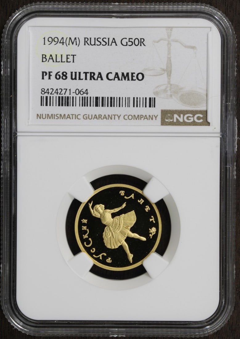 Russia 1994 50 Roubles 1/4 oz Gold Proof Ballet NGC PF68 Coin: Russia 1994 50 Roubles 1/4 oz Gold Proof Ballet NGC PF68 Coin This 1994 Russian Federation 50 Roubles coin is a 1/4 oz proof gold issue featuring a ballet design. Graded PF68 by NGC, it is in un-used,