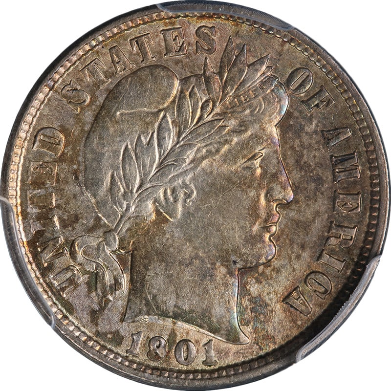 1901-P Barber Dime PCGS AU55 Strong Eye Appeal Silver Coin: 1901-P Barber Dime PCGS AU55 Strong Eye Appeal Silver Coin This 1901-P Barber Dime is graded AU55 by PCGS, showcasing appealing luster and a strong strike. The coin features great color and surfaces,