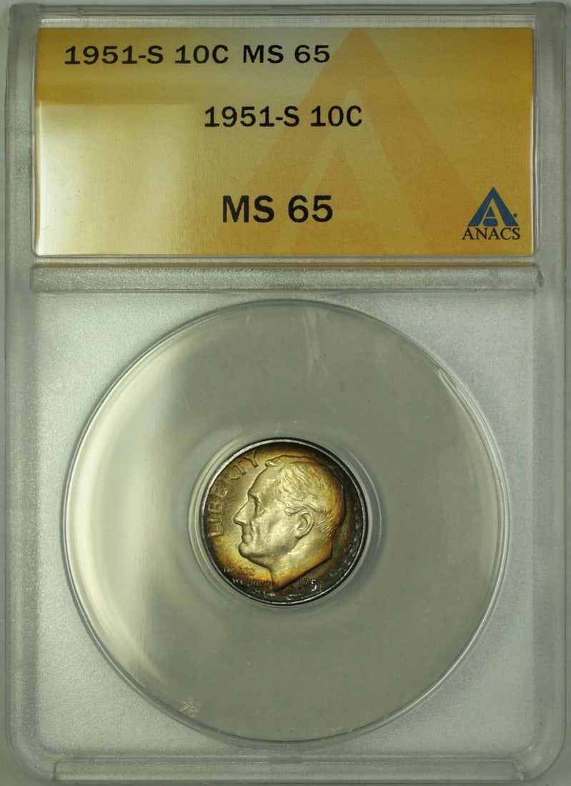1951-S Silver Roosevelt Dime 10C ANACS MS 65 with Rim Toning: 1951-S Silver Roosevelt Dime 10C ANACS MS 65 with Rim Toning This stunning 1951-S Silver Roosevelt Dime is graded MS 66 by ANACS, showcasing its exceptional quality and appeal. The coin features a den