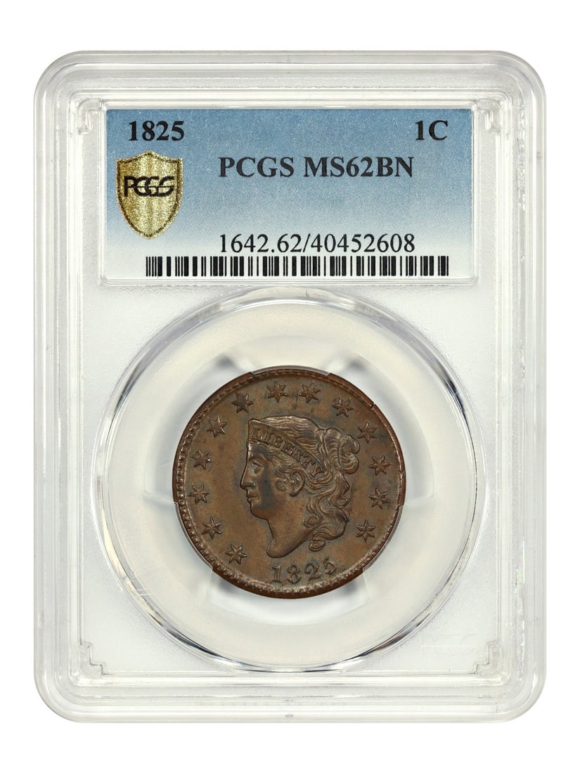 PCGS MS62BN 1825 Coronet Head One Cent Uncirculated Philadelphia: PCGS MS62BN 1825 Coronet Head One Cent Uncirculated Philadelphia This 1825 Coronet Head Cent is graded MS62BN by PCGS and features uncirculated quality with full details and attractive swirling luster