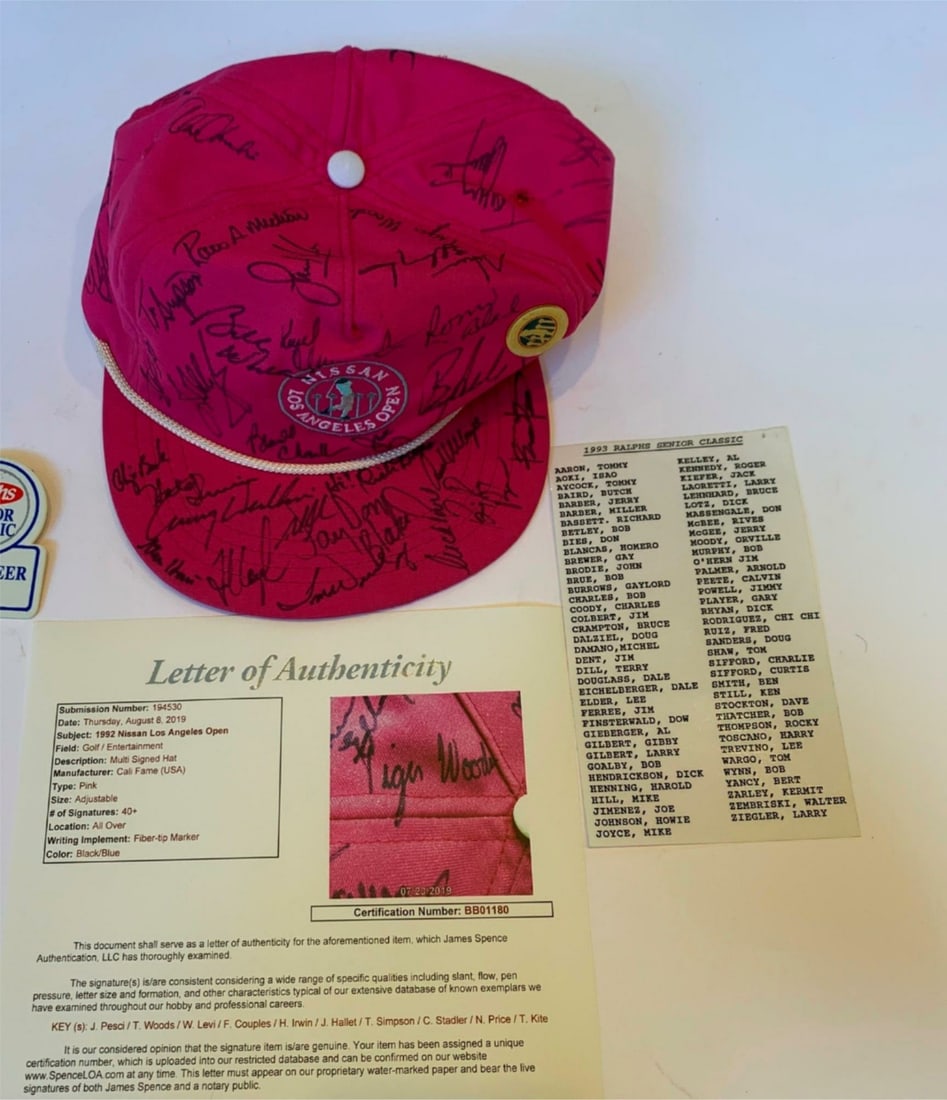 Historic 1992 PGA Tiger Woods Signed Cap with 44 Signatures JSA COA: Historic 1992 PGA Tiger Woods Signed Cap with 44 Signatures JSA COA This historic cap is a remarkable piece of golf memorabilia, featuring the signatures of 44 notable players from the 1992 Nissan Los