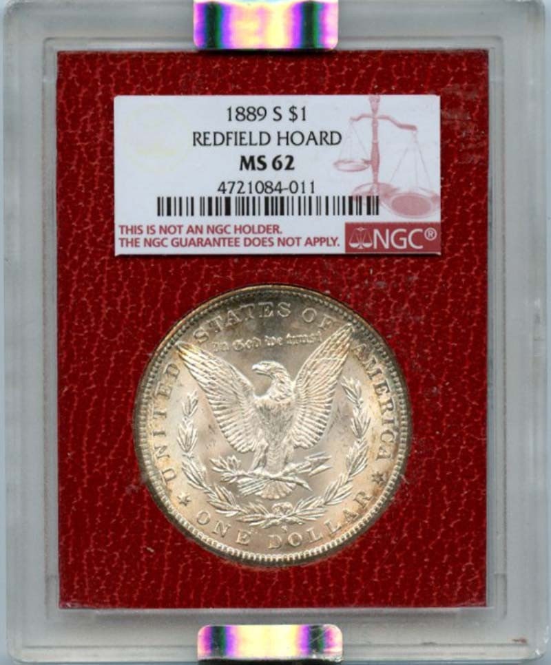 1889 S Morgan Dollar NGC MS62 Uncirculated Redfield Hoard: 1889 S Morgan Dollar NGC MS62 Uncirculated Redfield Hoard This 1889 S Morgan Dollar is a stunning example, graded MS62 by NGC, showcasing its uncirculated condition. Minted in San Francisco, this coin