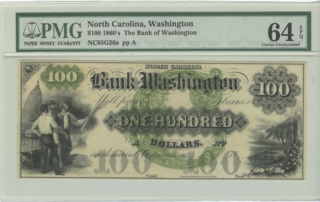 Obsolete $100 Bank Note NC Bank of Washington 1860s PMG CU64 EPQ: Obsolete $100 Bank Note NC Bank of Washington 1860s PMG CU64 EPQ This is an 1860s $100 Obsolete Bank Note from the North Carolina Bank of Washington, graded PMG CU 64 EPQ. This certification ensures t