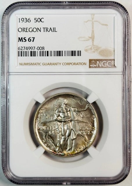 1936 Oregon Trail Dollar NGC MS67 Silver Commemorative Coin: 1936 Oregon Trail Dollar NGC MS67 Silver Commemorative Coin This 1936 Classic Commemorative Oregon Trail Memorial coin is a stunning piece, showcasing pretty toning and exceptional details. Graded MS