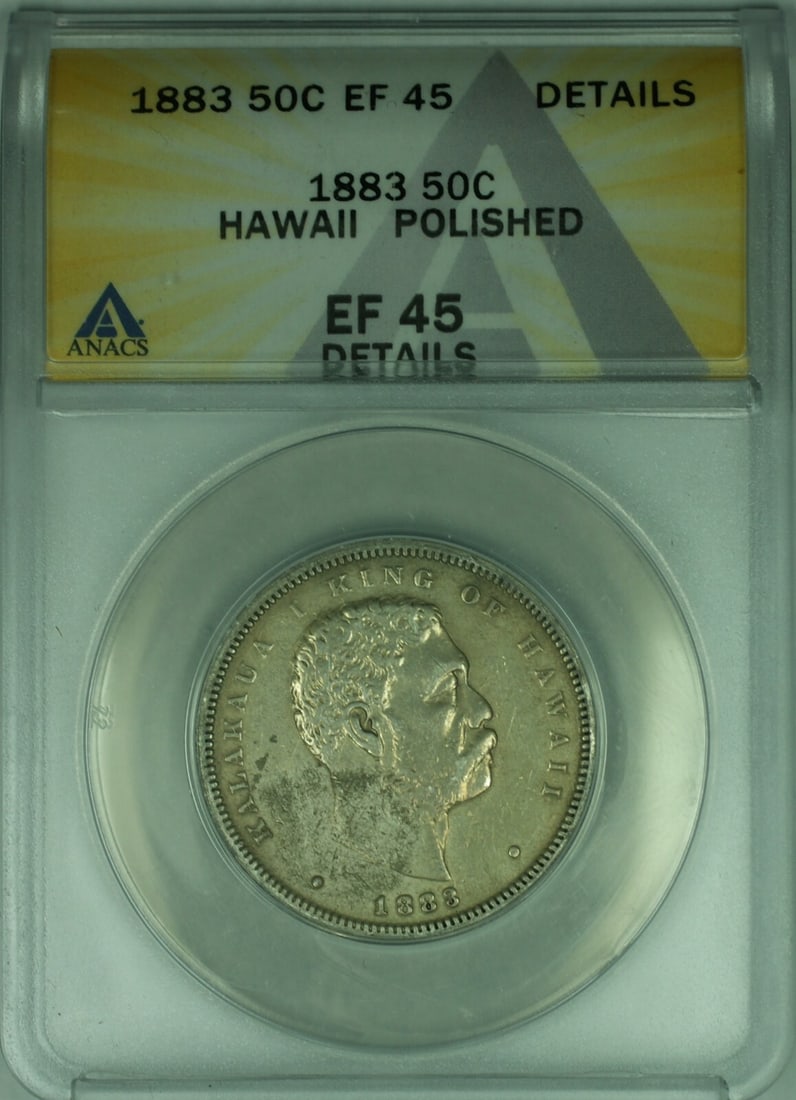 1883 Hawaii Silver Half Dollar Coin ANACS Certified EF-45: 1883 Hawaii Silver Half Dollar Coin ANACS Certified EF-45 This 1883 Hawaii Silver Half Dollar 50c Coin features a silver composition and has been certified by ANACS with an EF-45 details grade, indica