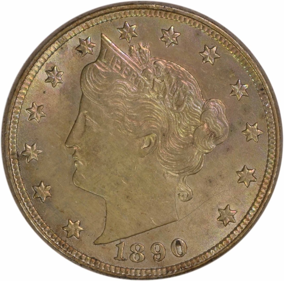 1890 Liberty Nickel AU Circulated Coin Philadelphia Mint: 1890 Liberty Nickel AU Circulated Coin Philadelphia Mint This 1890 Liberty Nickel is an uncirculated coin showcasing the exquisite design by Charles E. Barber. Featuring a composition of 75% copper an