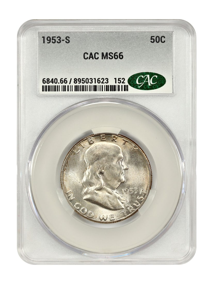 1953-S Franklin Half Dollar CACG MS66 Uncirculated Coin: 1953-S Franklin Half Dollar CACG MS66 Uncirculated Coin This 1953-S Franklin Half Dollar is a remarkable collectible, certified by CACG with a grade of MS66, indicating its uncirculated condition. Min