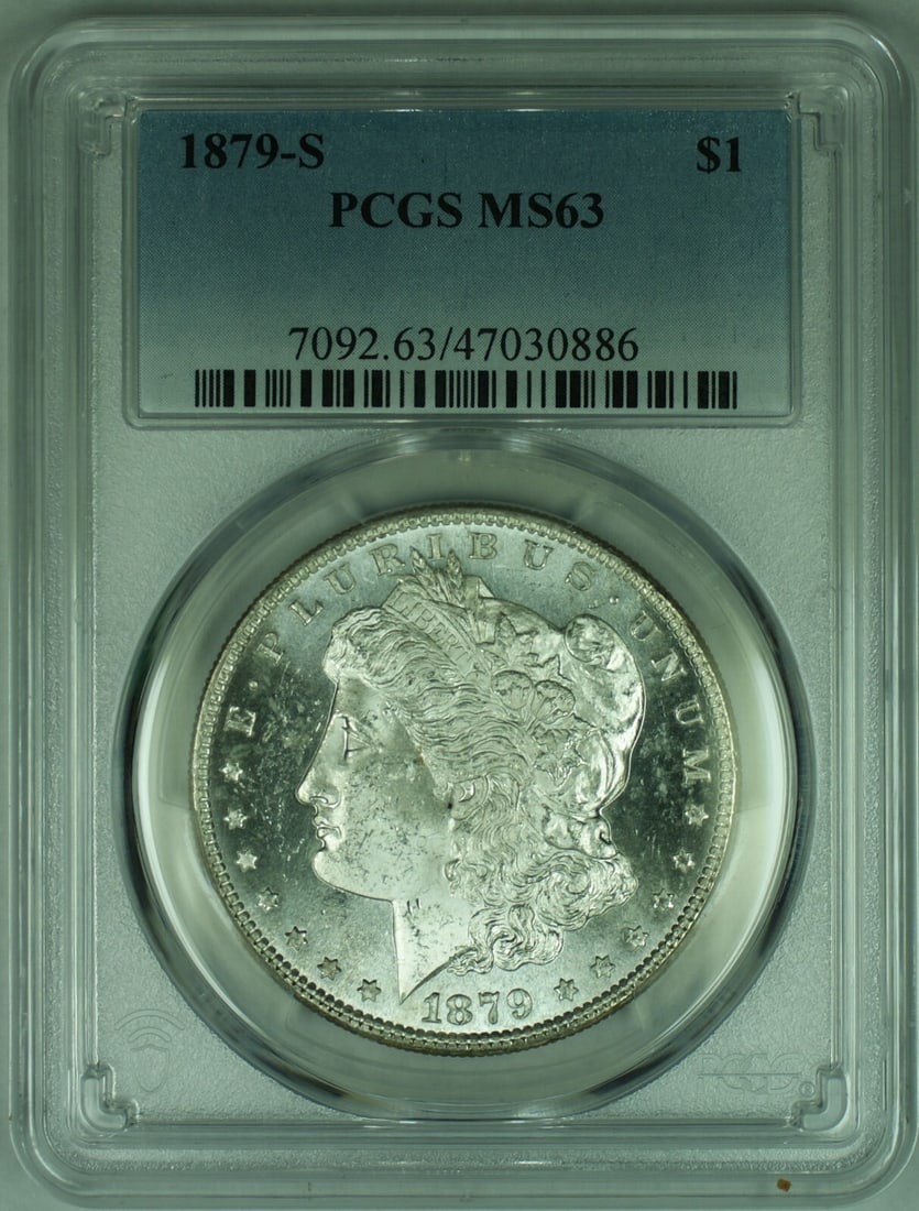 1879-S Morgan Silver Dollar PCGS MS-63 Uncirculated Coin: 1879-S Morgan Silver Dollar PCGS MS-63 Uncirculated Coin This 1879-S Morgan Silver Dollar is an exquisite piece of numismatic history. Graded as MS-63 by PCGS, this uncirculated coin showcases the cla