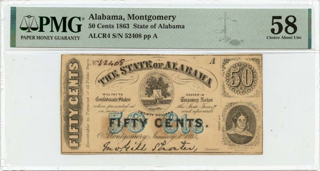 1863 Montgomery Alabama 50 Cents Obsolete Note PMG AU58 (1 of 2)