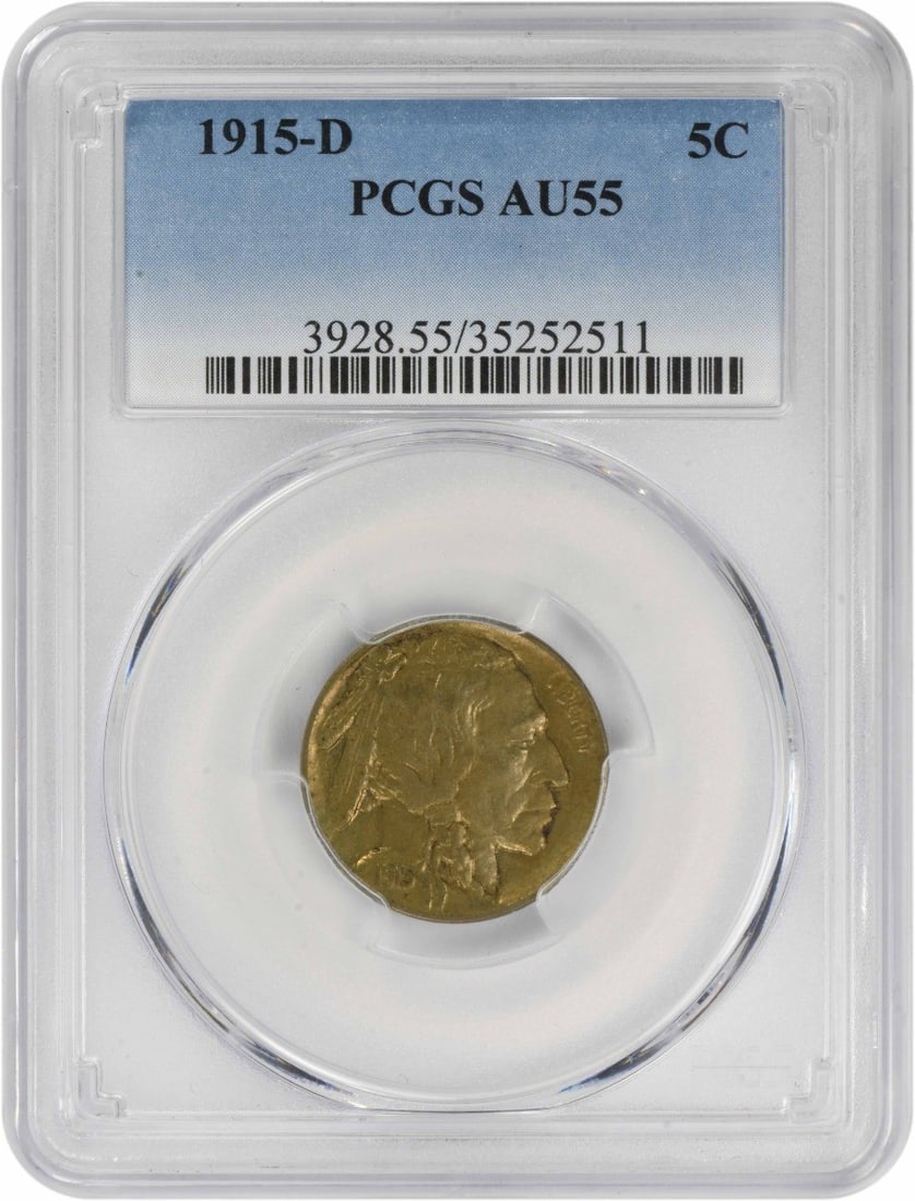 PCGS AU55 Graded 1915 Denver Mint Buffalo Five Cent Coin: PCGS AU55 Graded 1915 Denver Mint Buffalo Five Cent Coin This 1915-D Buffalo Nickel is graded AU55 by PCGS. Minted in Denver, it features the classic Buffalo design by James Earle Fraser. Composed of