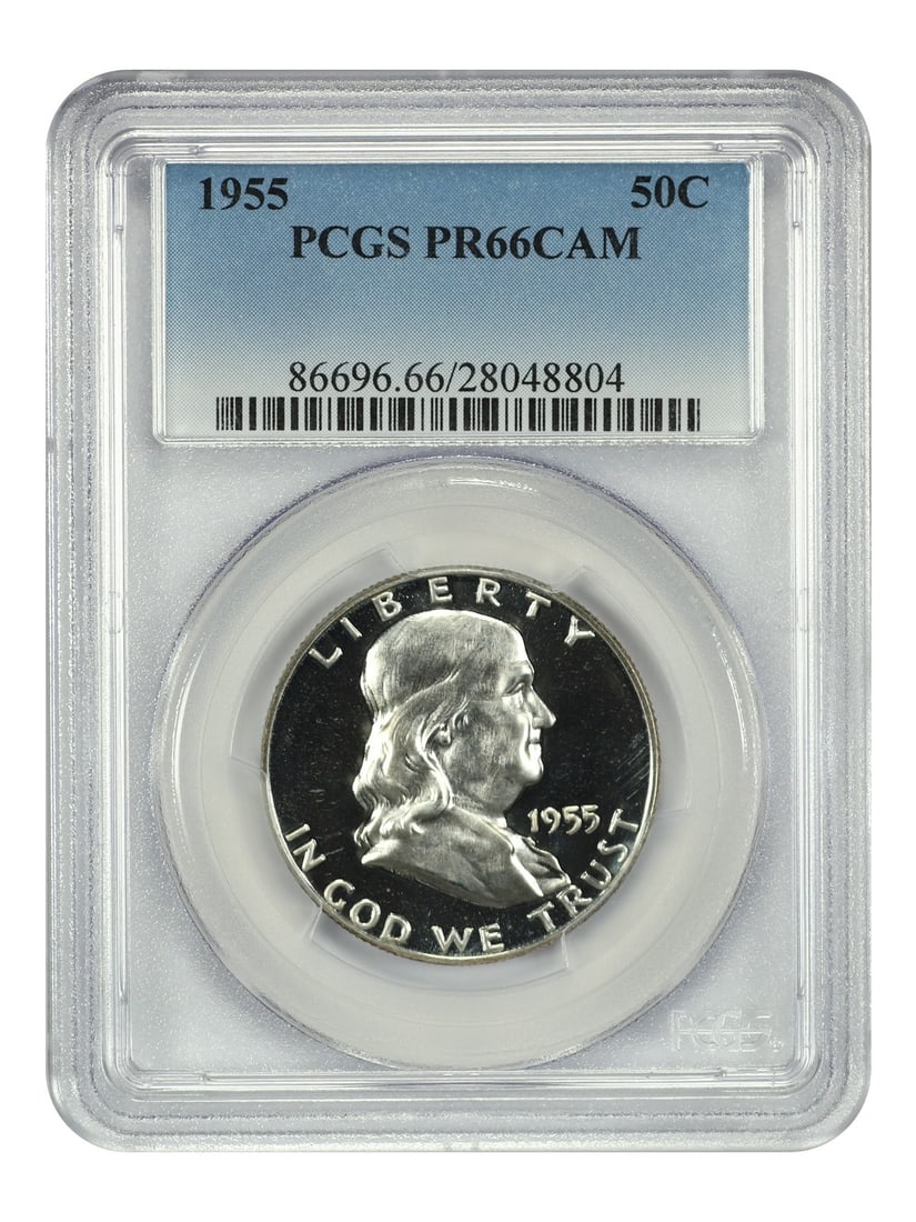 1955 Franklin Half Dollar PCGS PR66CAM Certification: 1955 Franklin Half Dollar PCGS PR66CAM Certification This 1955 Franklin Half Dollar is an exceptional collectible coin, graded PR66CAM by PCGS. The coin is certified with number 28048804, indicating i