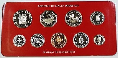 1976 Malta Proof Coin Set 9 Uncirculated Gem Coins with COA: 1976 Malta Proof Coin Set 9 Uncirculated Gem Coins with COA This 1976 Republic of Malta Proof Set features 9 gem coins crafted by the Franklin Mint, showcasing exceptional quality and detail. The coin