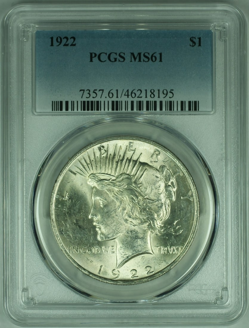 1922 Peace Silver Dollar $1 PCGS MS 61 Uncirculated Coin: 1922 Peace Silver Dollar $1 PCGS MS 61 Uncirculated Coin This 1922 Peace Silver Dollar is an uncirculated coin featuring a beautiful design and exceptional quality. Certified by PCGS with a grade of M