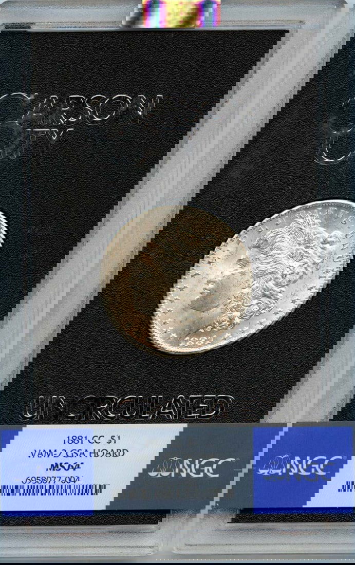 1881-CC Morgan Dollar VAM-2 GSA Hoard NGC MS64 Certified Coin: 1881-CC Morgan Dollar VAM-2 GSA Hoard NGC MS64 Certified Coin This 1881-CC Morgan Dollar is a stunning example from the Carson City mint, certified by NGC with a grade of MS64, indicating it is uncirc