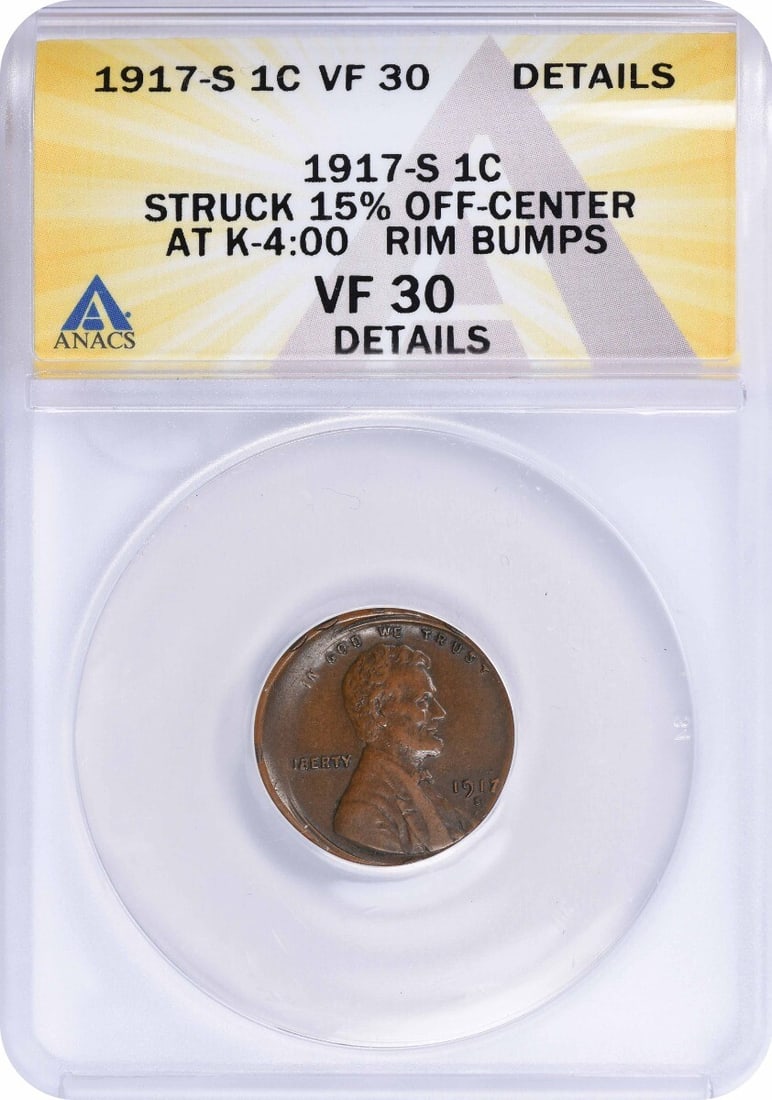 1917-S Lincoln Cent 15% Off-Center Error ANACS VF30 Copper: 1917-S Lincoln Cent 15% Off-Center Error ANACS VF30 Copper This 1917-S Lincoln Cent features a distinct 15% off-center strike, making it a unique addition for collectors. It is certified by ANACS and
