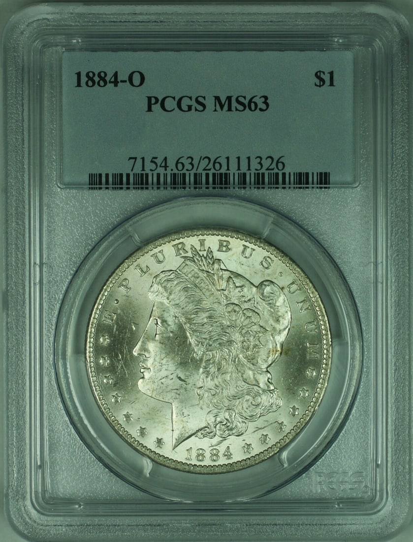 1884-O Morgan Silver Dollar Coin $1 PCGS MS63 Uncirculated: 1884-O Morgan Silver Dollar Coin $1 PCGS MS63 Uncirculated This 1884-O Morgan Silver Dollar Coin is a stunning example of American numismatic history. Certified by PCGS with a grade of MS63, this unci
