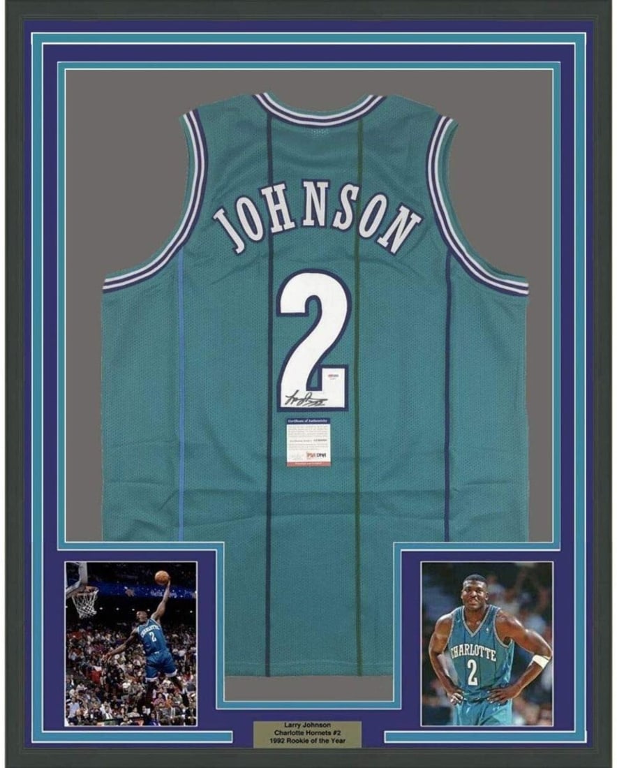 Framed Larry Johnson Signed Jersey 33x42 Charlotte Hornets PSA/DNA COA: Framed Larry Johnson Signed Jersey 33x42 Charlotte Hornets PSA/DNA COA Celebrate the legacy of Larry Johnson with this professionally framed and autographed Charlotte Hornets teal jersey. Measuring 33