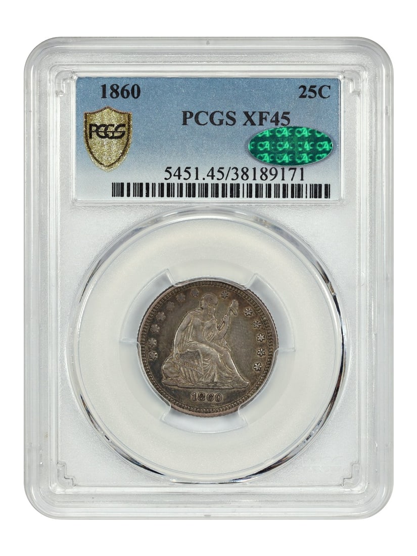 PCGS CAC XF45 1860 Liberty Seated 25 Cent Coin (1 of 4)