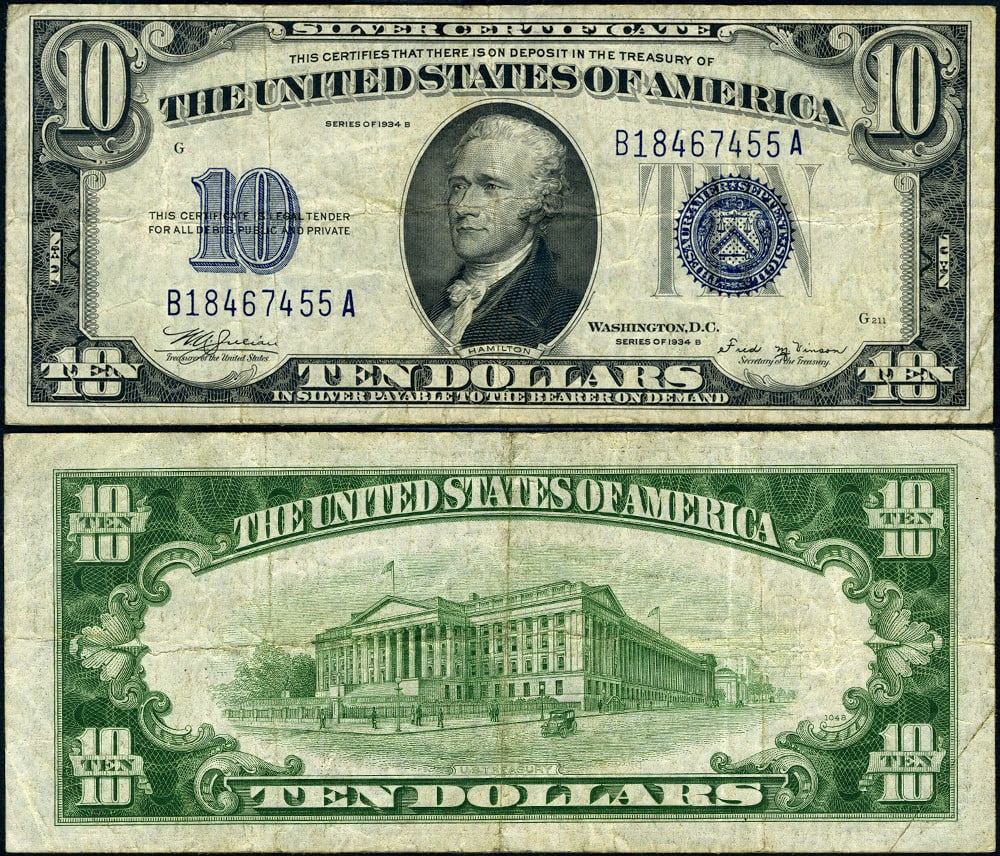 1934-B $10 Silver Certificate FR. 1703 B-A Block Uncertified (1 of 3)