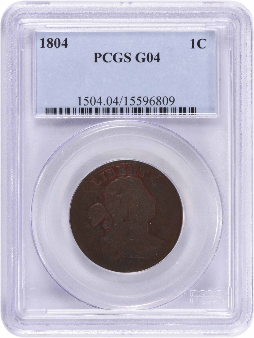 1804 PCGS Certified Large Cent Draped Bust Copper Coin: 1804 PCGS Certified Large Cent Draped Bust Copper Coin This 1804 Large Cent features the iconic Draped Bust design by Robert Scot, showcasing its historical significance from the Philadelphia Mint. Ce