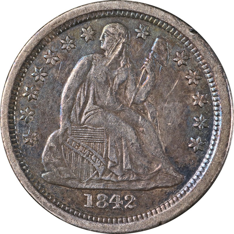 1842-O Seated Liberty Dime Silver Nice XF Eye Appeal: 1842-O Seated Liberty Dime Silver Nice XF Eye Appeal This original 1842-O Seated Liberty Dime showcases a striking design and appealing color. Graded as Nice XF, this coin exhibits nice eye appeal wit