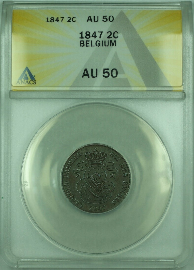 1847 Belgium 2 Centimes Copper Coin ANACS AU 50 KM#4: 1847 Belgium 2 Centimes Copper Coin ANACS AU 50 KM#4 This 1847 Belgium 2 Centimes Copper Coin is a remarkable piece for collectors. Certified by ANACS with a grade of AU 50, this uncirculated coin fea