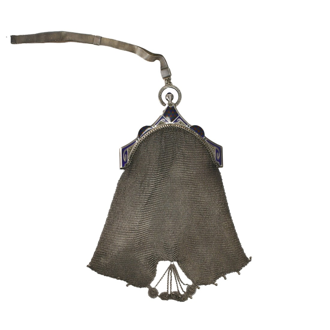 Sterling Silver Mesh Clutch Purse with Enamel and Engraved Design: Sterling Silver Mesh Clutch Purse with Enamel and Engraved Design This exquisite antique sterling silver mesh purse is a stunning representation of vintage elegance. Crafted with meticulous attention