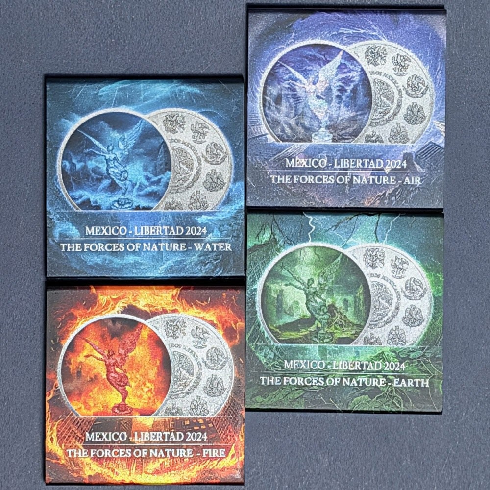 Set of 4 Silver 1 oz Libertad Coins 2024 Force of Nature Edition Mexico: Set of 4 Silver 1 oz Libertad Coins 2024 Force of Nature Edition Mexico This 2024 Mexico Silver Libertad Set features four 1-ounce coins in the Force of Nature Edition. Each coin is composed of .999 f