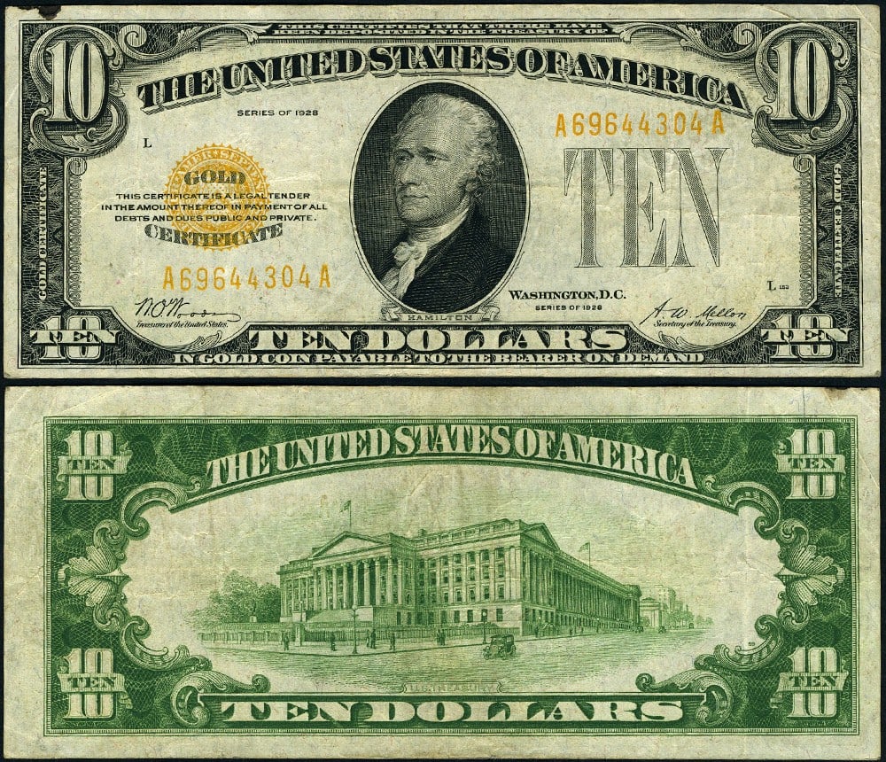 1928 $10 Gold Certificate FR 2400 A-A Block VF+ Circulated (1 of 3)