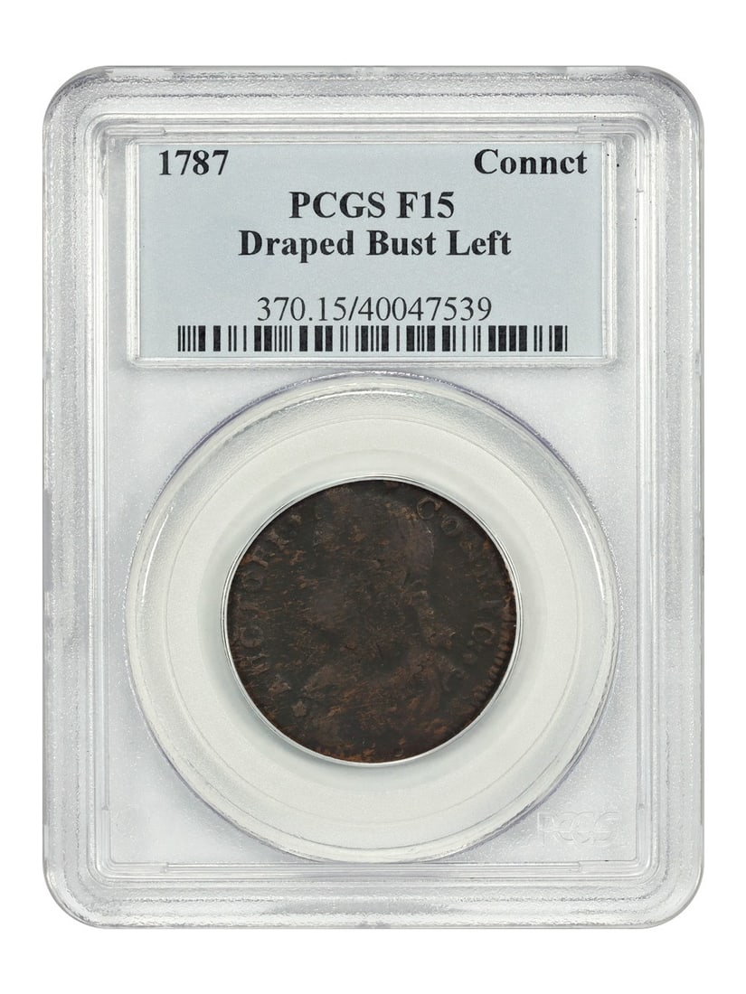 1787 Connecticut Draped Bust Coin PCGS Fine 15 Certification: 1787 Connecticut Draped Bust Coin PCGS Fine 15 Certification This 1787 Connecticut coin, certified by PCGS with certification number 40047539, features a Draped Bust design facing left. It has been gr