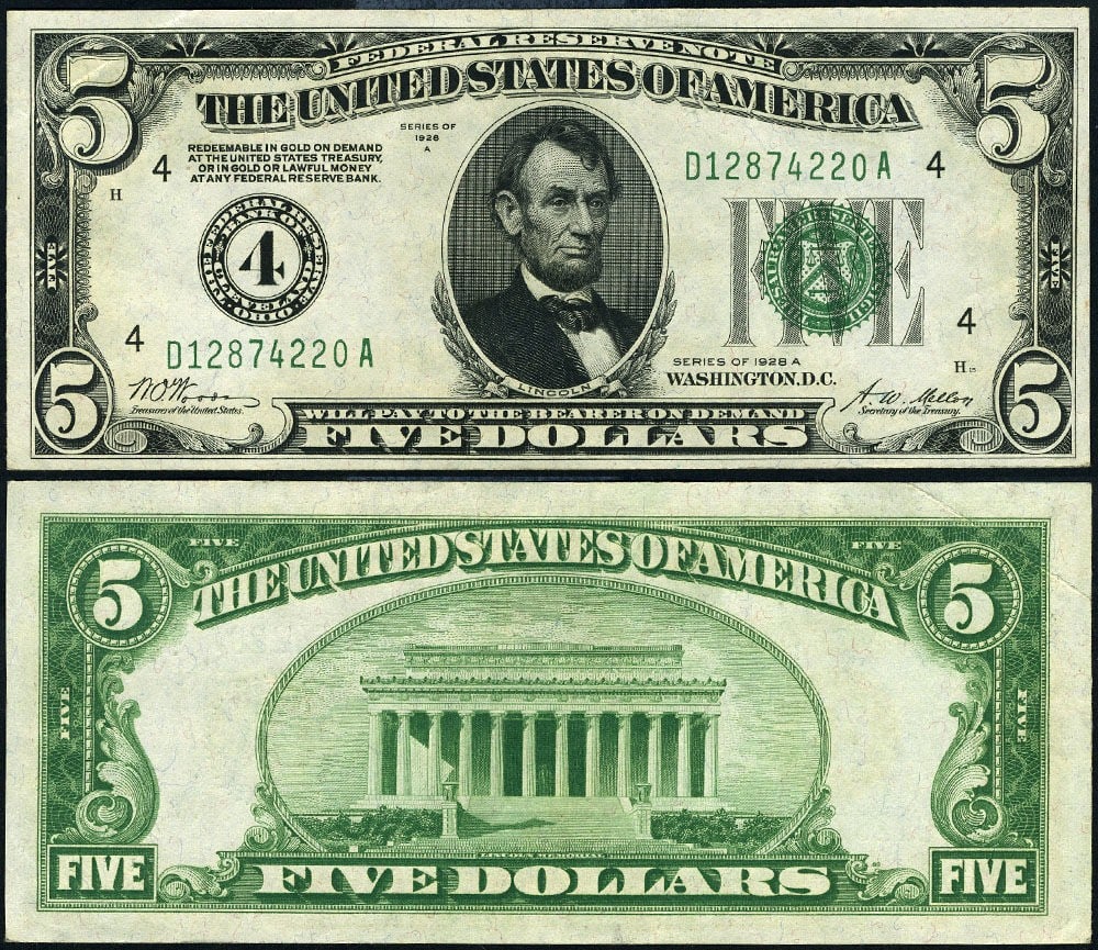 1928-A $5 Federal Reserve Note Cleveland D-A Block AU+ (1 of 3)