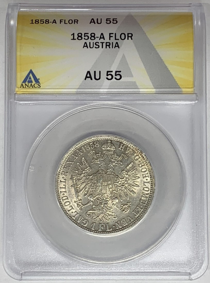 1858 Austria 1 Florin Coin Silver ANACS AU 55: 1858 Austria 1 Florin Coin Silver ANACS AU 55 This 1858-A Austria 1 Florin coin features a stunning silver composition and is graded AU 55 by ANACS, indicating its high quality and minimal wear. A rem