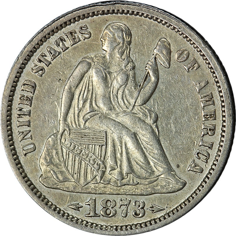 1873-P Seated Liberty Dime Arrows AU Nice Eye Appeal: 1873-P Seated Liberty Dime Arrows AU Nice Eye Appeal This 1873-P Seated Liberty Dime 'Arrows' exhibits exceptional eye appeal, showcasing a beautiful luster and a well-defined strike. The coin feature