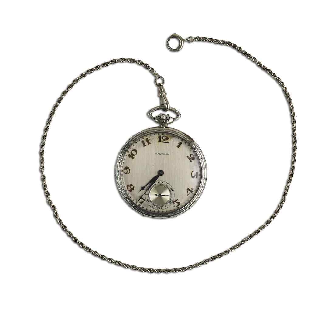 Vintage 14K White Gold Waltham Pocket Watch Model 1918 with Chain (1 of 8)