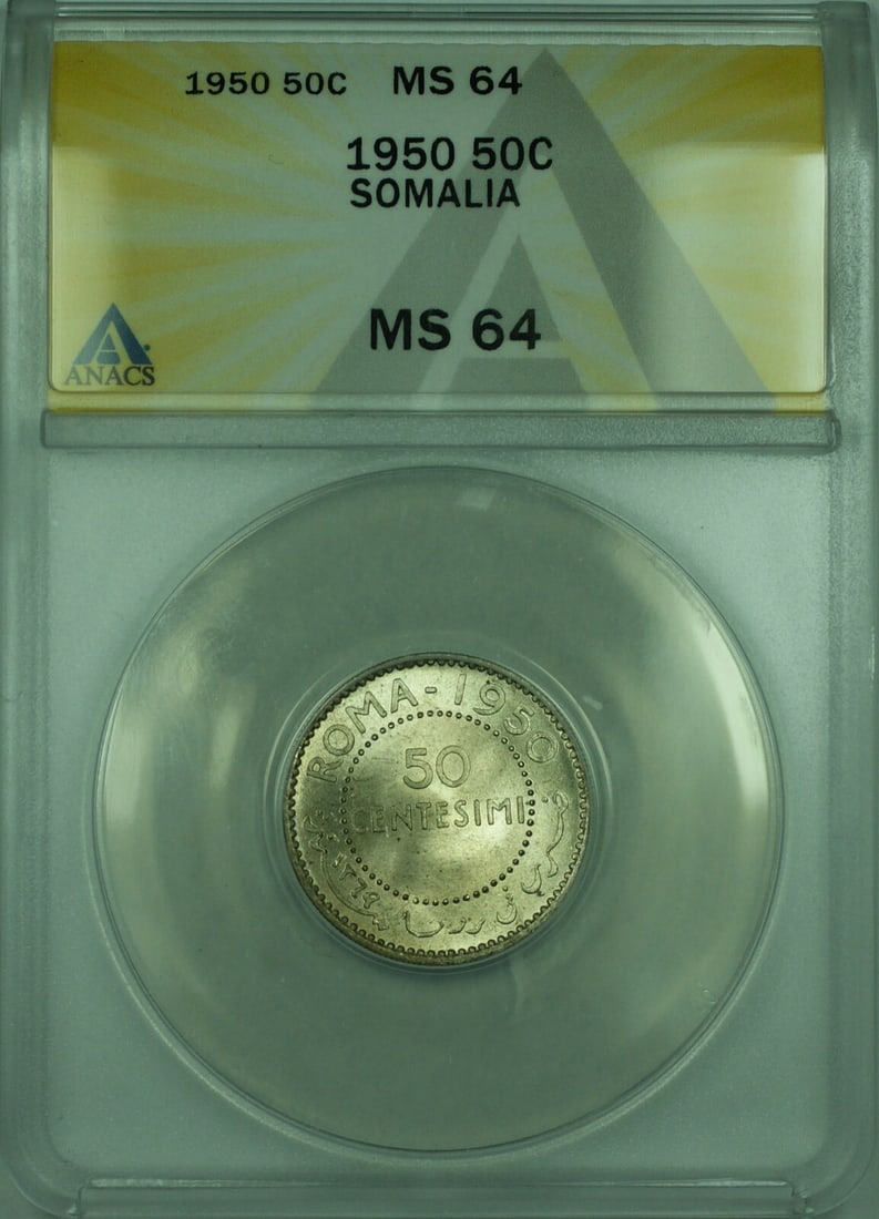 1950 Somalia 50 Centesimi Silver Coin ANACS MS 64 KM#4: 1950 Somalia 50 Centesimi Silver Coin ANACS MS 64 KM#4 This 1950 Somalia 50 Centesimi silver coin is certified by ANACS with a grade of MS 64. Featuring a composition of silver, it is a notable additi